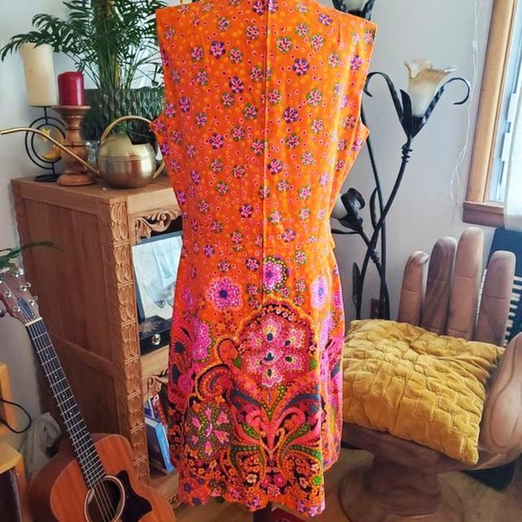 Vintage Orange Psychedelic Paisley Dress 60s - Picture 5 of 7